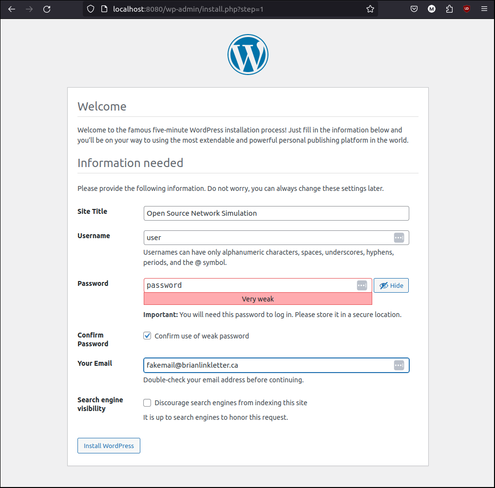 WordPress account configuration